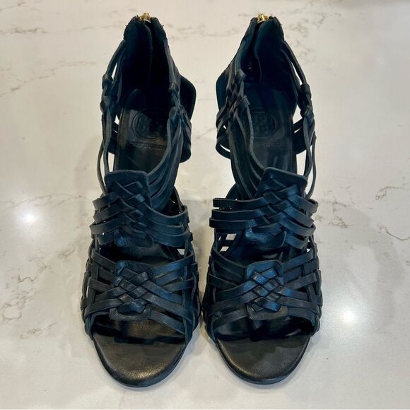 Tory Burch Black Leather Wedge Sandals - Picture 3 of 9